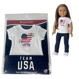 NEW American Girl Team USA T-SHIRT For 18in DOLLS Patriotic Heart Flag White TEE